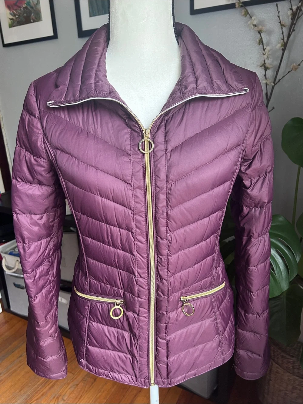 Michael Kors Plum Quilted Packable Jacket with Gold Hardware